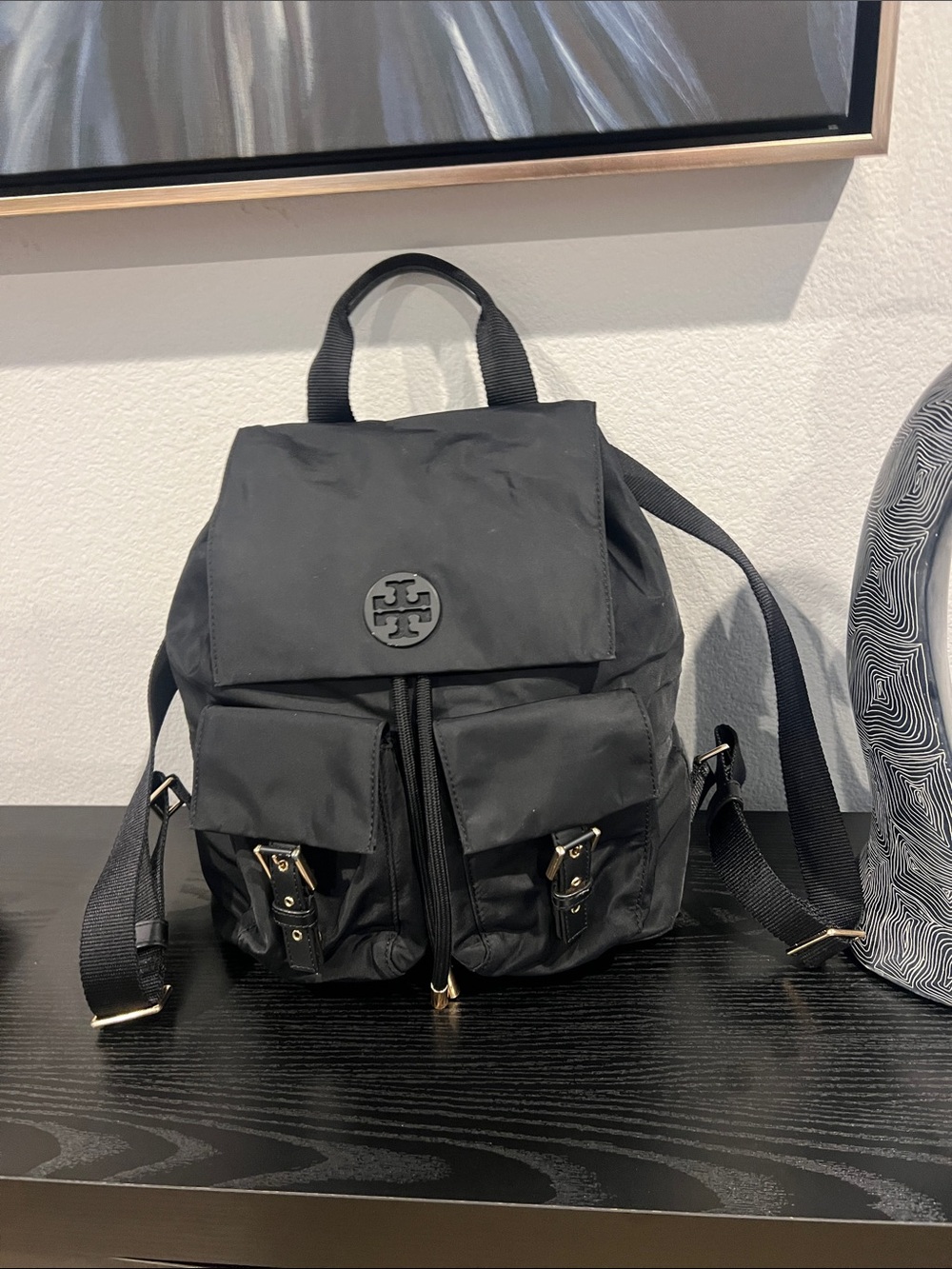 Tory Burch Quinn Black Nylon Drawstring Backpack Double Buckle Pockets.